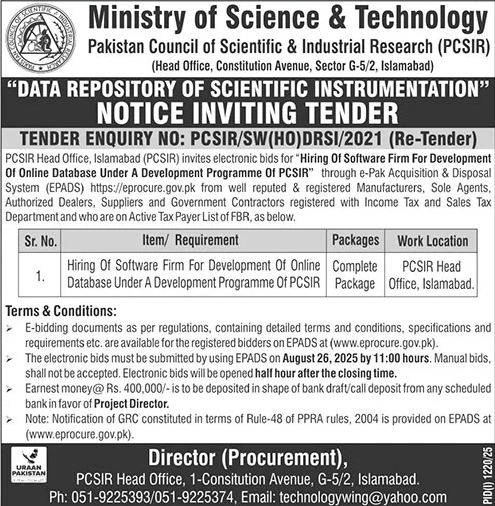 Ministry of Science & Technology Islamabad Tender Notice